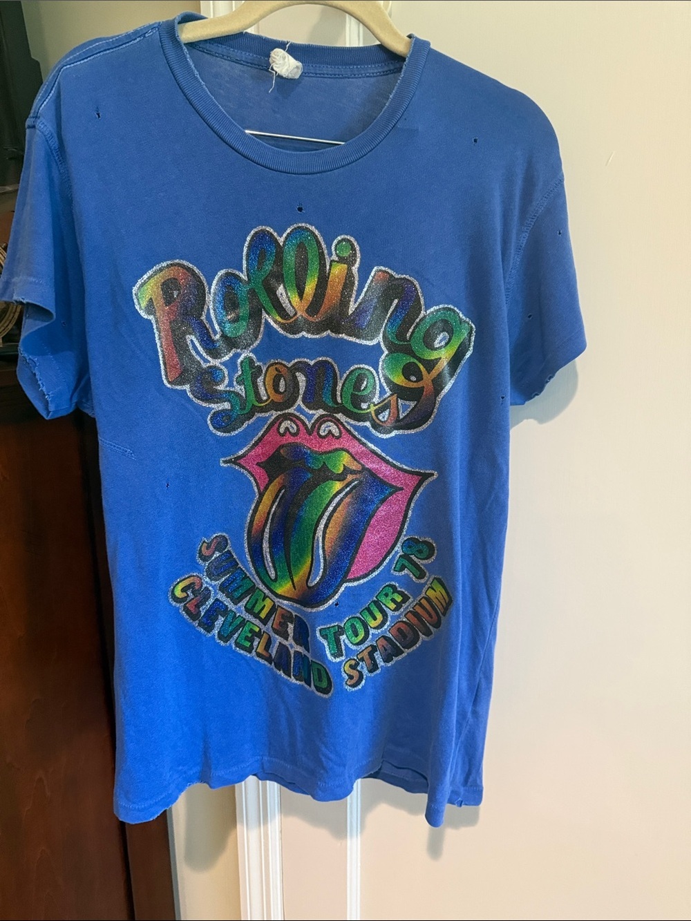 the Rolling Stones Short Sleeve Tee in Blue with Rainbow Tongue Graphic